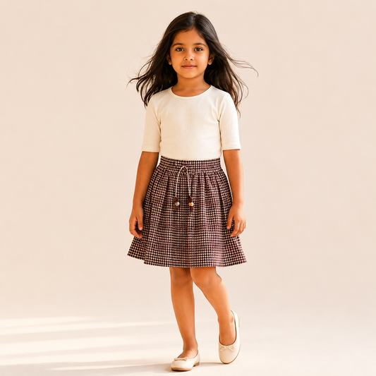 Gathered Skirt — Burgundy Navy Check