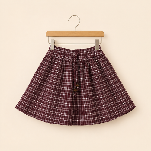 Berry plaid gathered skirt for girls with burgundy check pattern and gathered silhouette