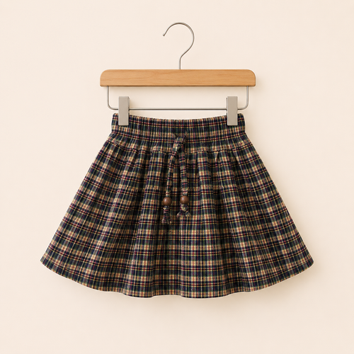 Forest green tartan gathered skirt for girls with cream and burgundy checks hanging on a wooden hanger