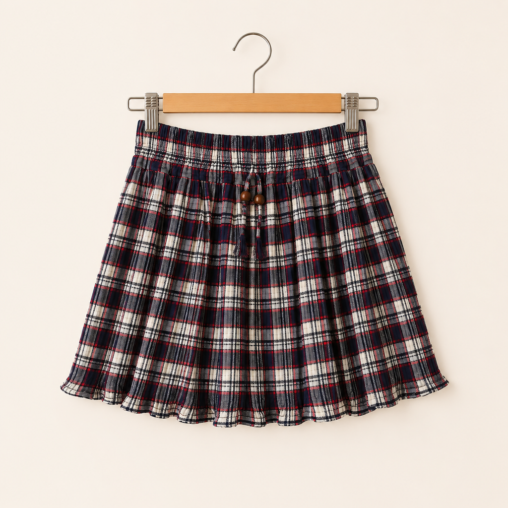 Midnight plaid gathered skirt for girls with rich check pattern and gathered silhouette