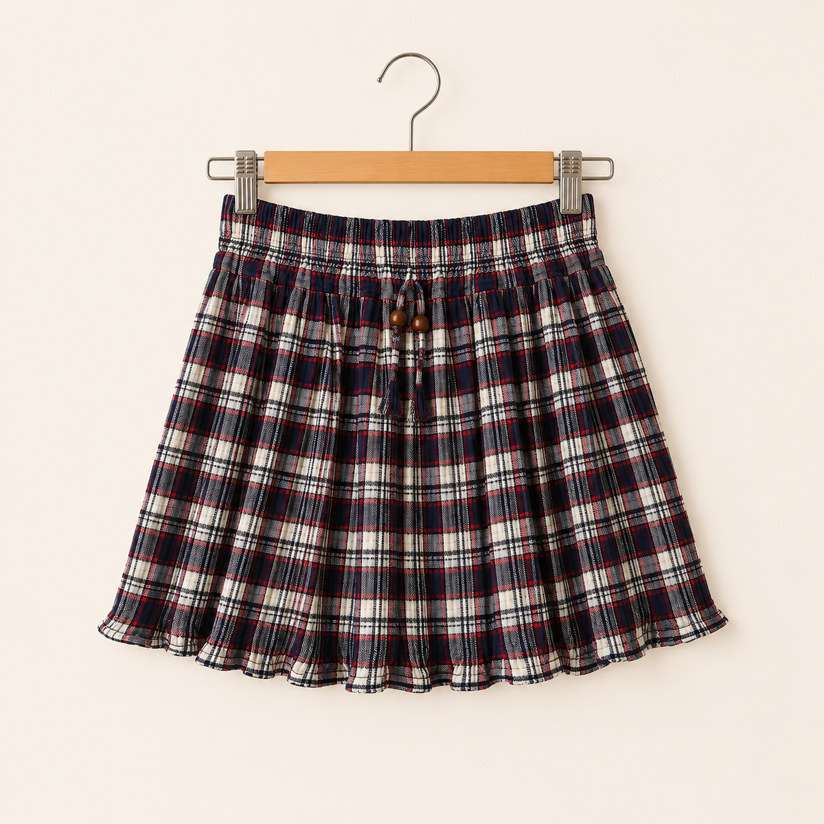 Midnight plaid gathered skirt for girls with rich check pattern and gathered silhouette