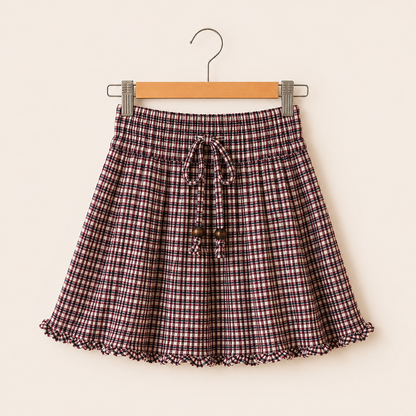 Gathered Skirt — Burgundy Navy Check