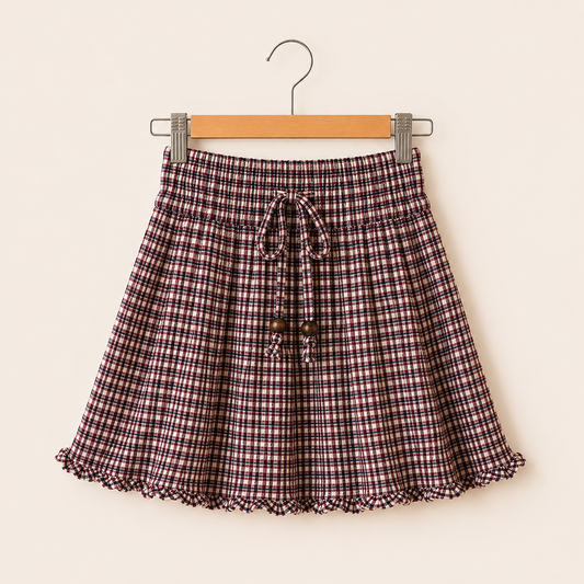 Gathered Skirt — Burgundy Navy Check