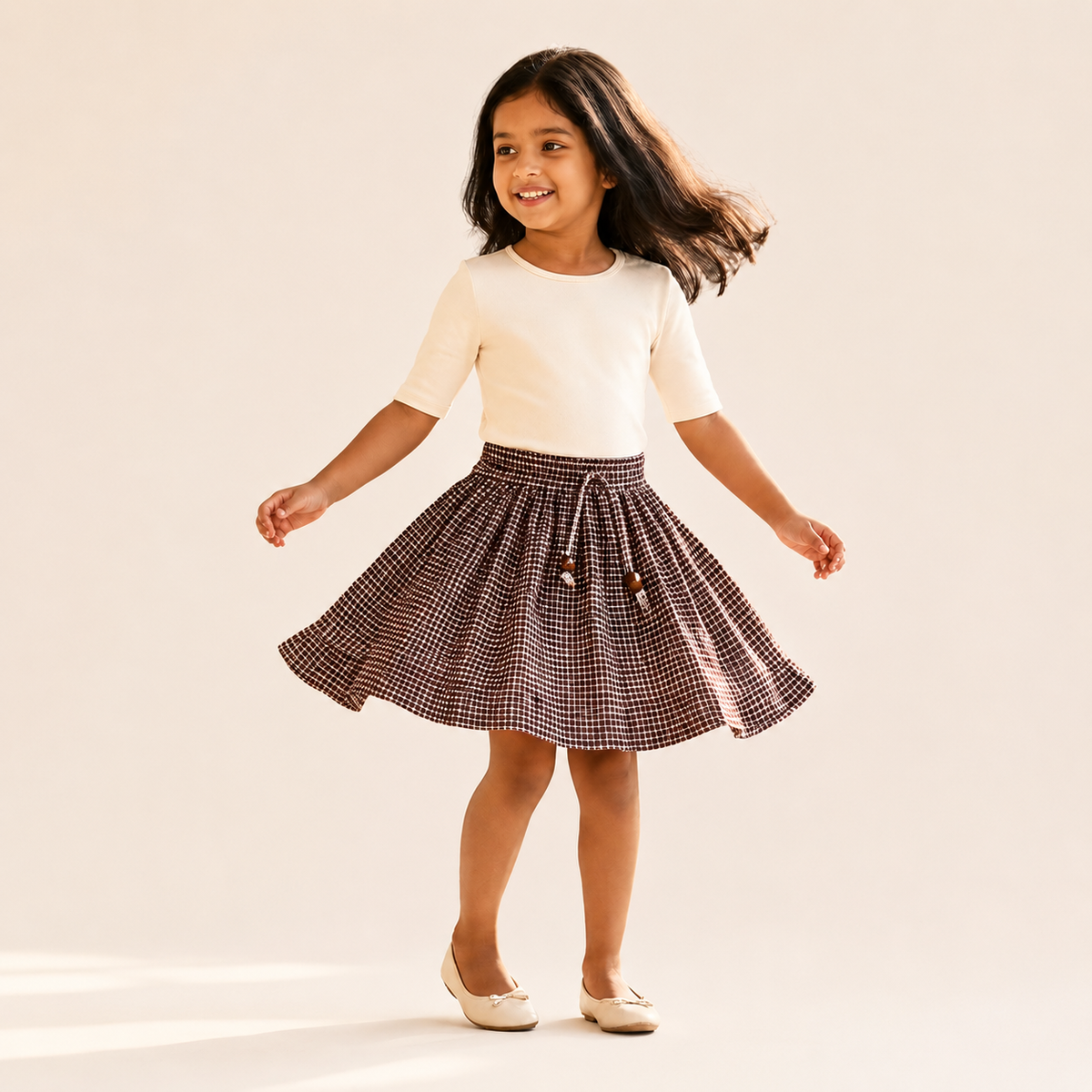 Burgundy Navy Check - Gathered Skirt