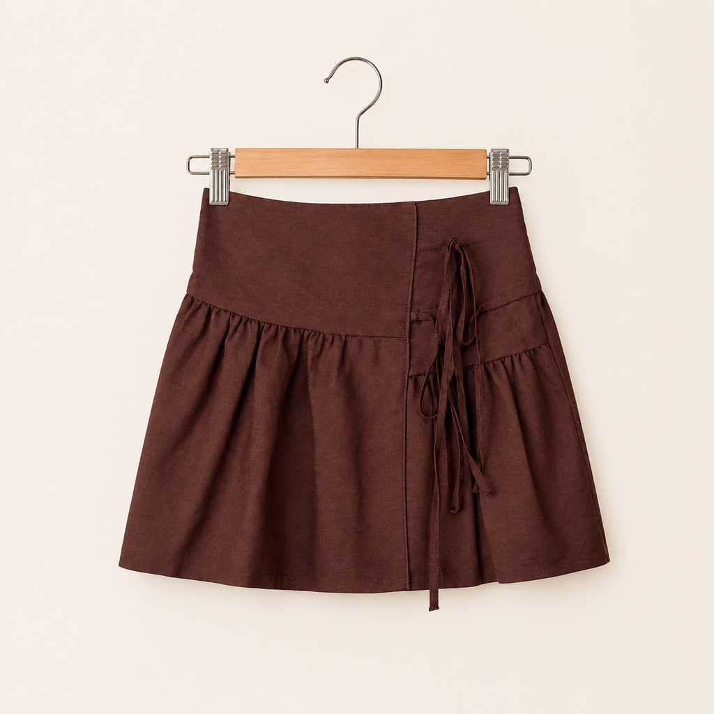 Cocoa linen wrap skirt for girls with wrap-inspired silhouette and natural linen texture