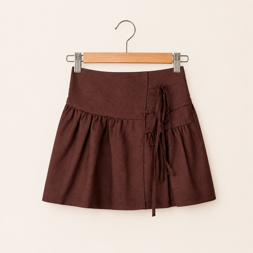 Cocoa linen wrap skirt for girls with wrap-inspired silhouette and natural linen texture